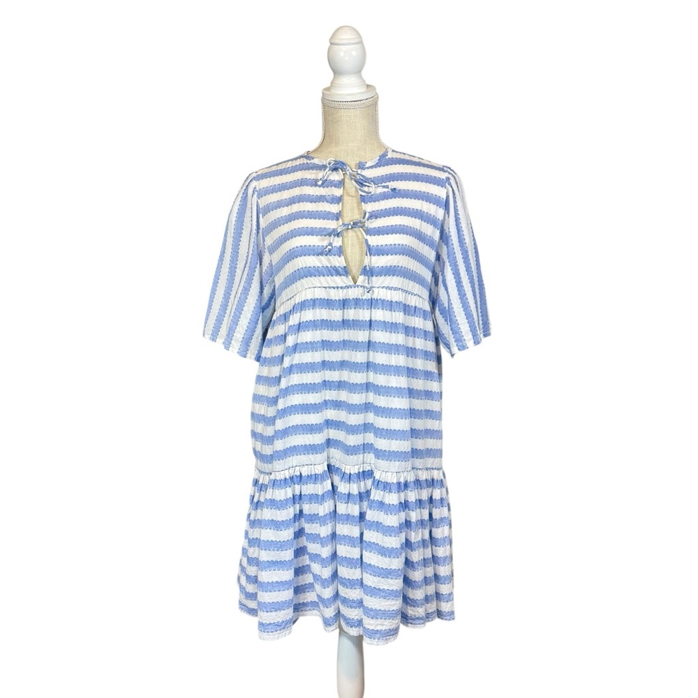 Emerson Fry India Collection Dress XS/S Blue Scallop Stripe Organic Cotton Lined